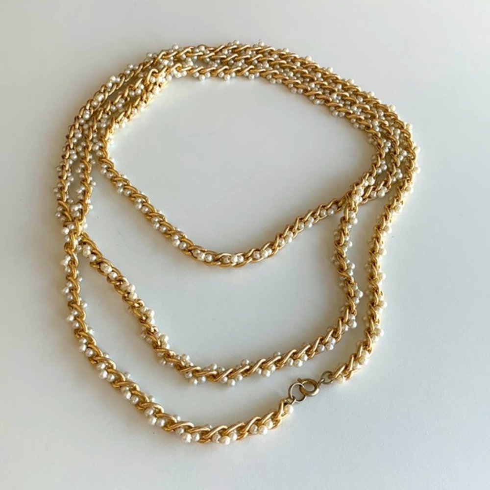 Very Long Gold Chain with White Bead Necklace